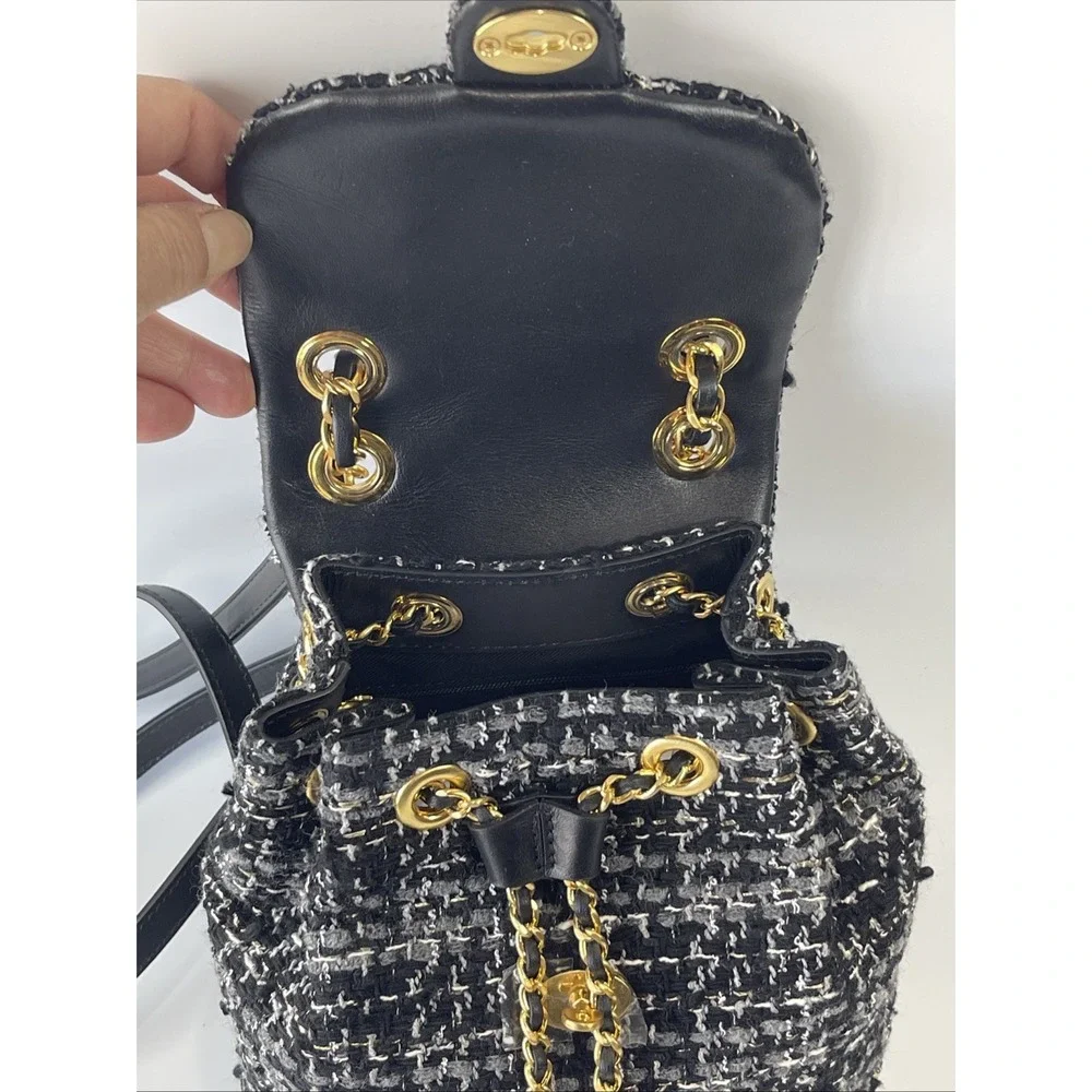 Billiontem Convertible‎ Mini Tweed Backpack/ Purse Black W/ Golden Chains